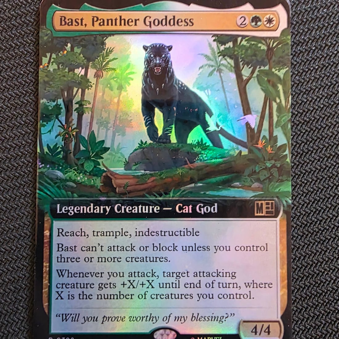 Macro shot of a foil Bast, Panther Goddess proxy